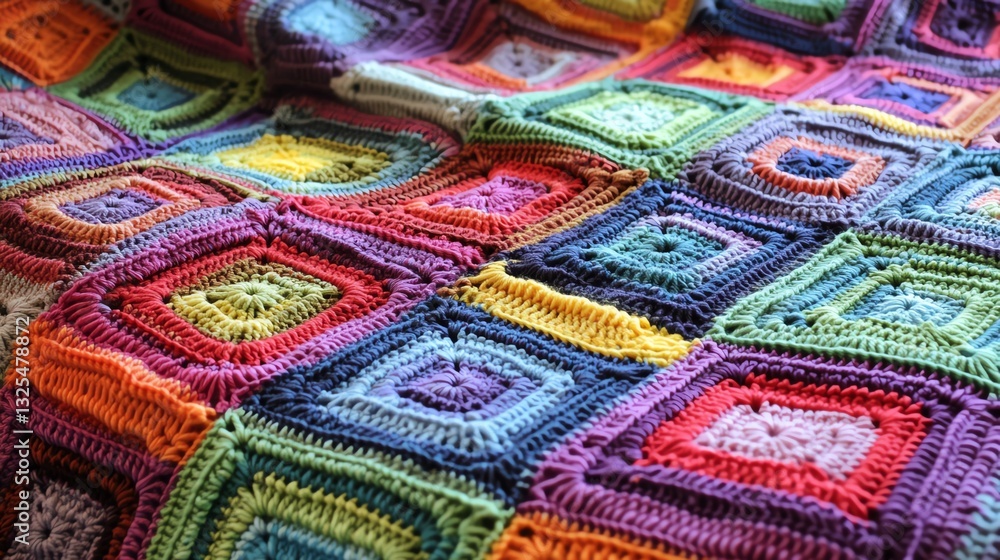 A vibrant, intricately crocheted blanket featuring colorful square patterns, showcasing craftsmanship and creativity in textile art. A vibrant, intricately crocheted blanket featuring colorful square patterns, showcasing craftsmanship and creativity in textile art.