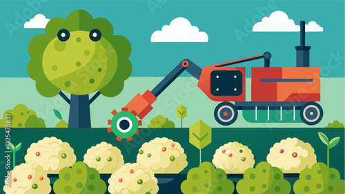 With various size settings a robotic harvester can adapt to different types of cauliflower plants accurately removing the heads without damaging the stems.. Vector illustration