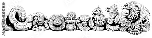 Detailed Black and White Illustration of Mythical Aztec and Mayan Creatures Featuring Serpents Birds and Ancient Symbols