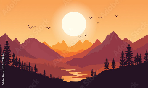 Peaceful Mountains Nature Landscape with River View and Sun at Sunset Sunrise