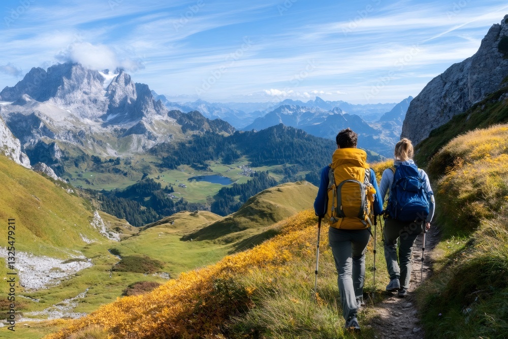 Hikers walking on mountain trail enjoying panoramic view in Swiss Alps Hikers walking on mountain trail enjoying panoramic view in Swiss Alps