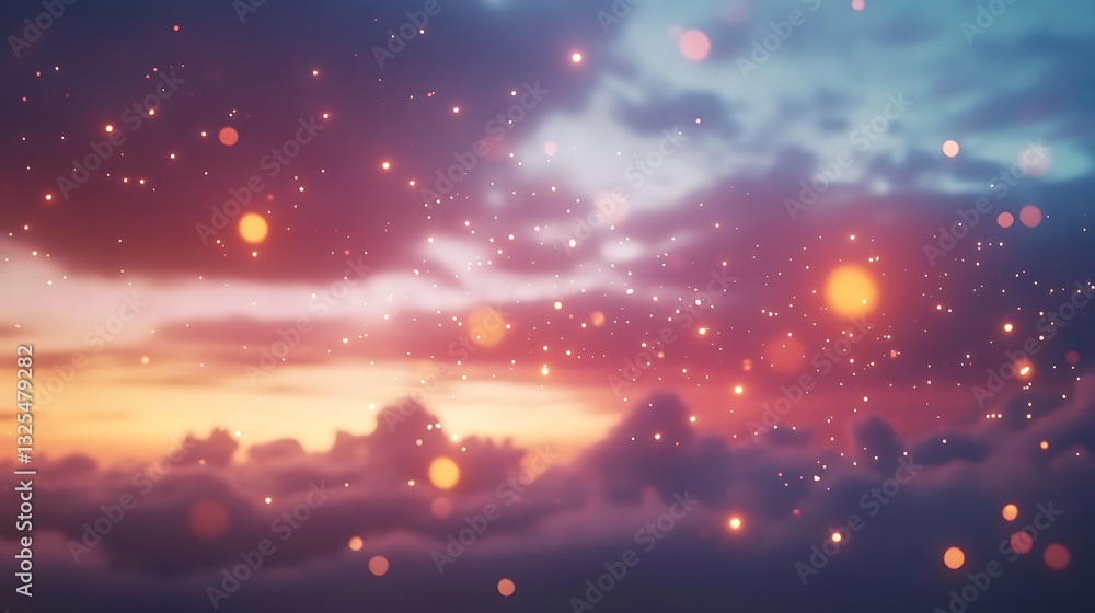 Naklejka premium A dreamy sky filled with colorful clouds and glowing particles at sunset.