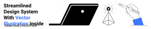 Laptop silhouette, pyramid with eye symbol, hand holding pen in clean lines. Ideal for innovation, creativity, digital tools, design concepts, minimalism, technology abstract line flat metaphor