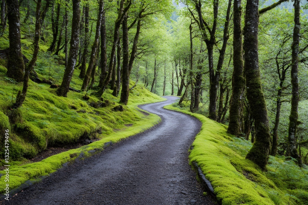 Fototapeta premium Winding road passing through lush green forest with moss covered trees
