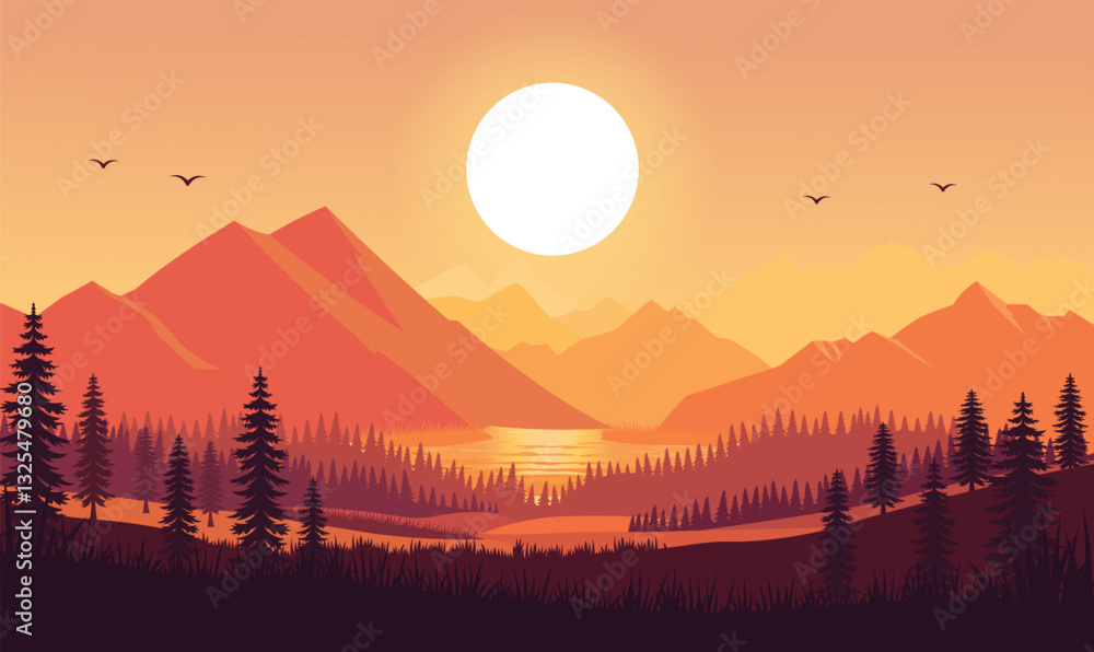 Fototapeta premium Peaceful Mountains Nature Landscape with River View and Sun at Sunset Sunrise