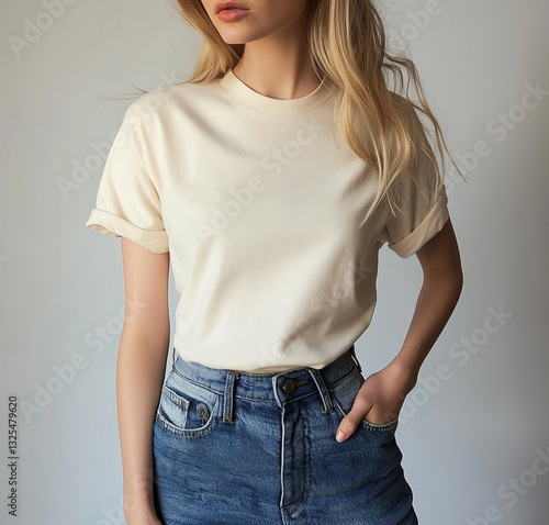 Cream T Shirt, Blue Jeans, Blonde Hair, Fashion Model, Casual Style, Summer Outfit, Soft Colors, Mini