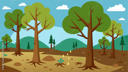 Trees and plants that were once thriving in the forest now droop and wilt as their roots can no longer reach the water that sustained them.. Vector illustration