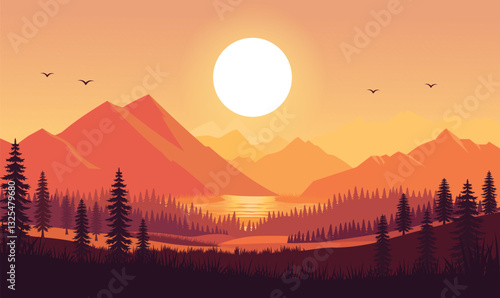 Peaceful Mountains Nature Landscape with River View and Sun at Sunset Sunrise