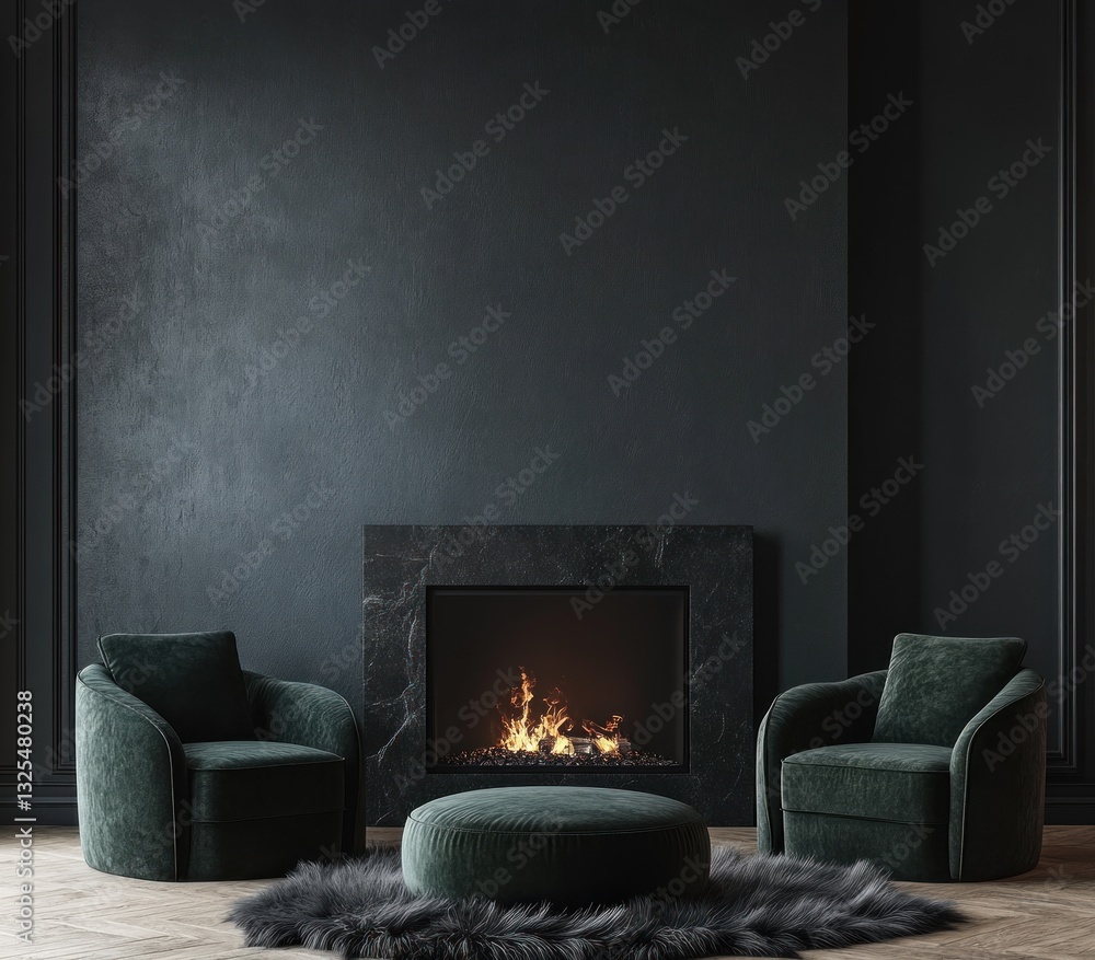 Fototapeta premium Dark living room with fireplace, armchairs, and ottoman.