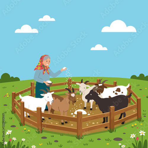 Woman Feeding Goats in a Pen on Green Field Illustration
