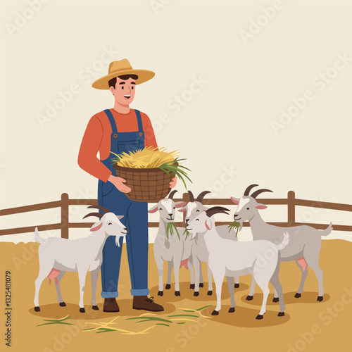Farmer Feeding Hay to Goats in a Paddock with Fence
