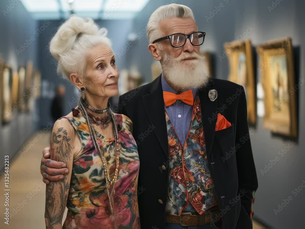 Stylishly elegant couple explores art gallery filled with vibrant paintings and captivating portraits Stylishly elegant couple explores art gallery filled with vibrant paintings and captivating portraits