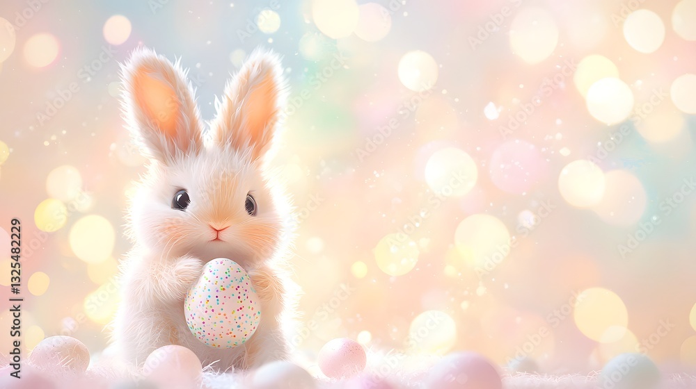 Adorable Easter Bunny Holding Decorated Egg Pastel Bokeh Background Adorable Easter Bunny Holding Decorated Egg Pastel Bokeh Background