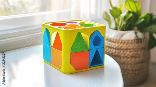 Brightly colored baby shape sorter toy with geometric pieces on a clean white surface