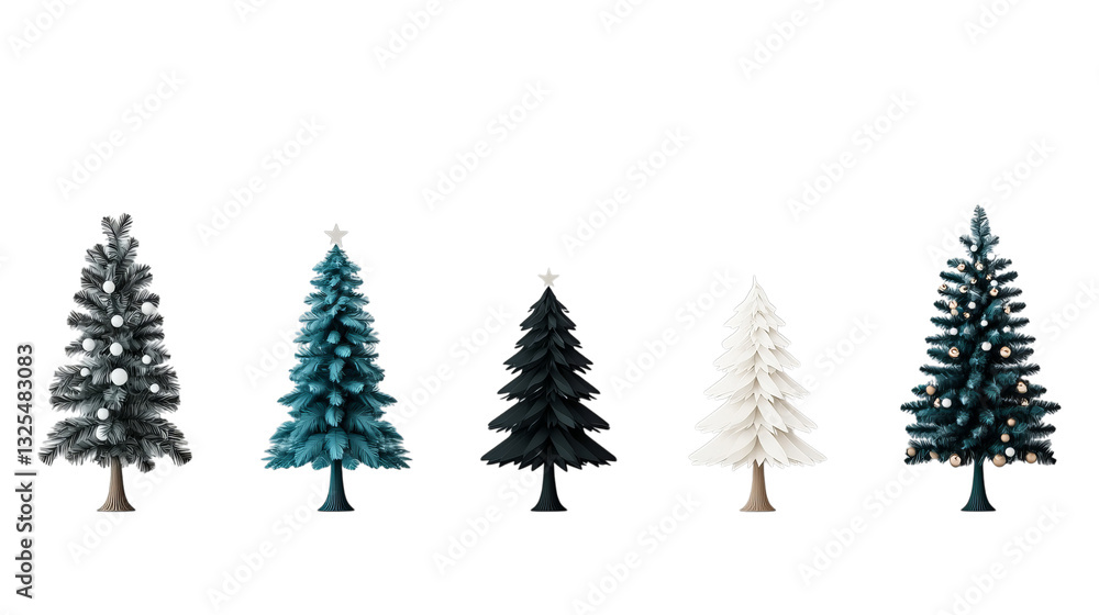 Obraz premium Png of A vibrant collection of five unique Christmas trees in various colors and styles on transparent background.