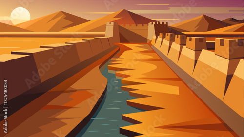The sunbaked canal walls stand tall casting shadows over the parched land that stretches out before it.. Vector illustration