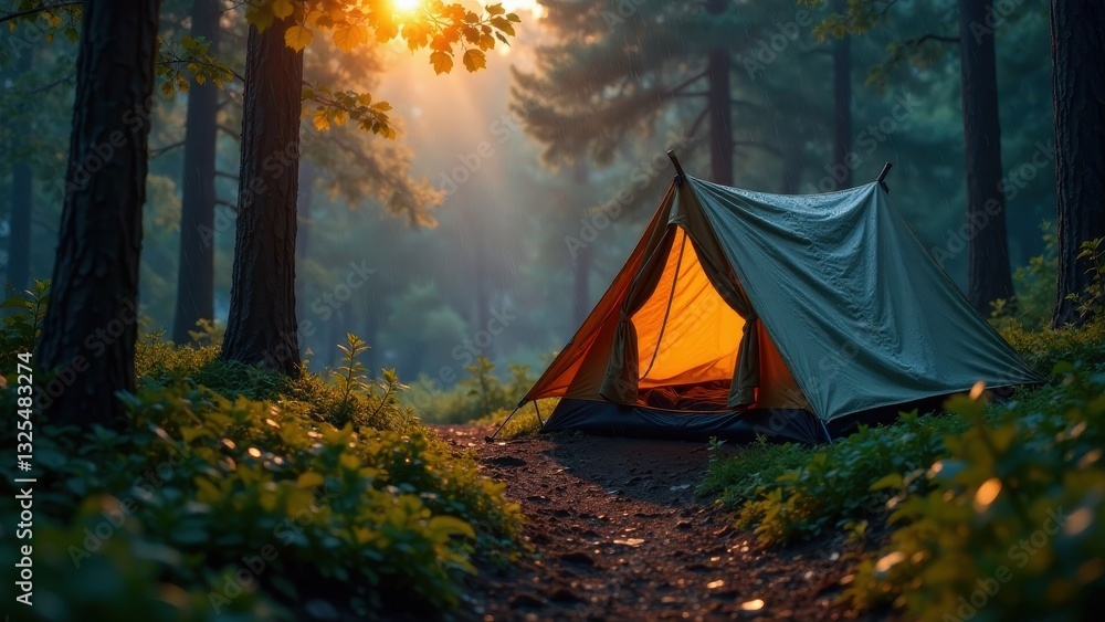 A lone tent glows warmly in the tranquil forest at sunset, illuminated by the sun's rays filtering through the trees, creating a serene and peaceful atmosphere for a solitary camper. A lone tent glows warmly in the tranquil forest at sunset, illuminated by the sun's rays filtering through the trees, creating a serene and peaceful atmosphere for a solitary camper.