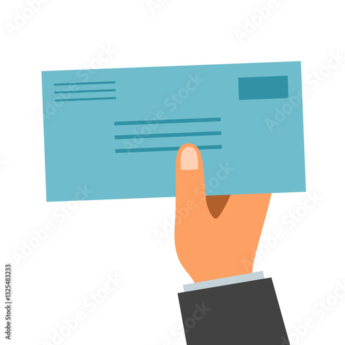 Businessman hand holding an envelope in flat design. Sending letter.
