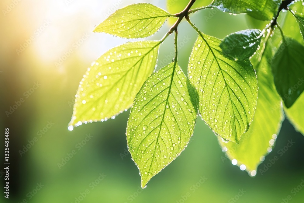 Sunlight illuminating fresh green leaves covered with morning dew Sunlight illuminating fresh green leaves covered with morning dew