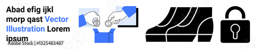 Hands exchanging parcel while a screen displays tracking info, stairs signifying delivery process, and secure lock for safety. Ideal for logistics, e-commerce, security, and services. Perfect flat