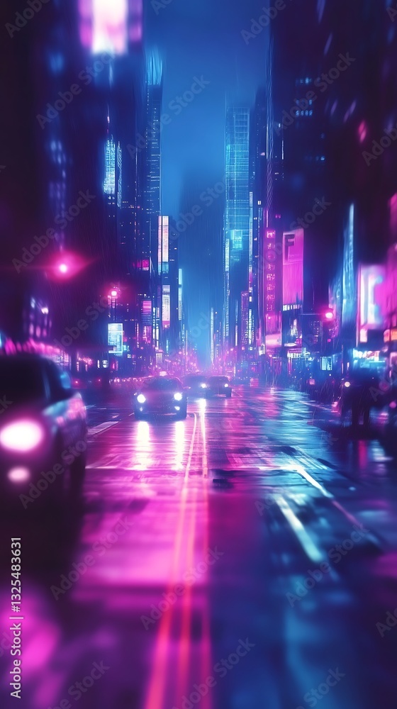 Fototapeta premium A vibrant city street at night, illuminated by neon lights and reflections on wet pavement.
