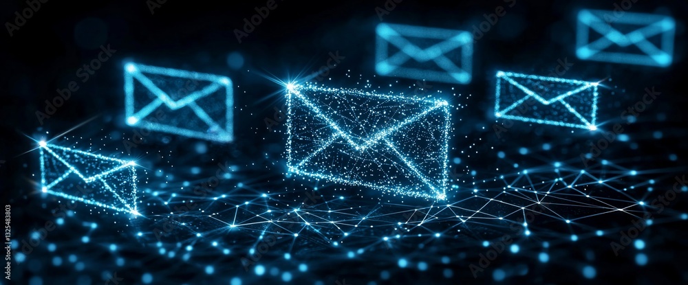 Digital network of glowing email icons. Digital network of glowing email icons.