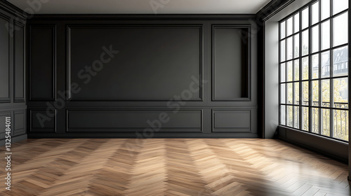 Wallpaper Mural Black Panel Wall Interior With Wooden Parquet Floor And Large Window Showing Exterior View Torontodigital.ca
