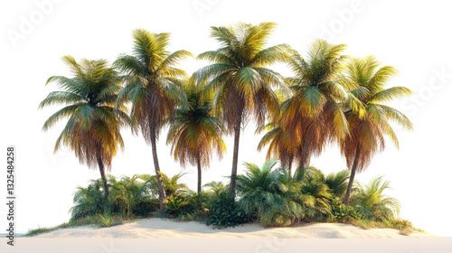 Paradise Found: A cluster of palm trees forms a tropical oasis, their fronds swaying gently in the warm breeze, set against a backdrop of pristine sand and crystal-clear waters.