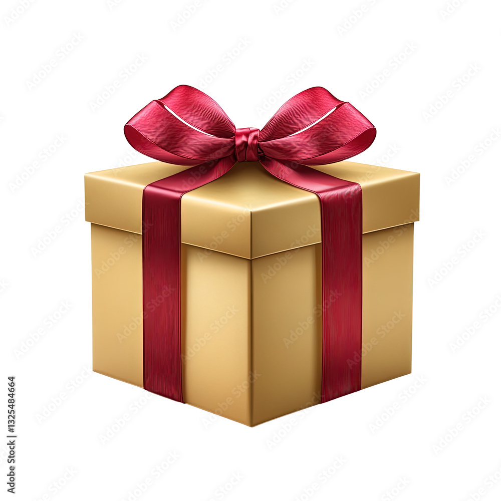 Fototapeta premium Elegant gold gift box with red ribbon bow on transparent background, cut out. Luxury present package for birthday, Christmas, or anniversary celebrations. Perfect for holiday, shopping