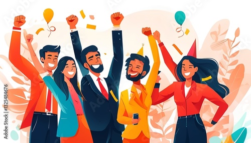 Celebration event team joy office setting digital illustration colorful atmosphere upbeat viewpoint teamwork concept