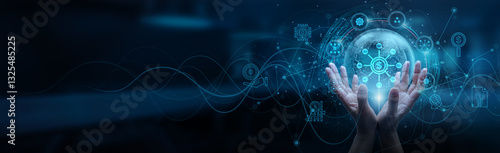 DeFi. Hand man holding of global decentralized network connection, blockchain technology enabling peer-to-peer transactions, smart contracts automating financial services, cryptocurrency.