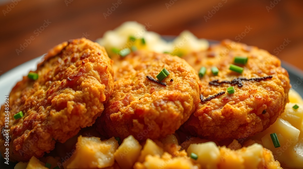 Delicious Fried Cutlets Served with Potatoes and Chives on Plate Delicious Fried Cutlets Served with Potatoes and Chives on Plate