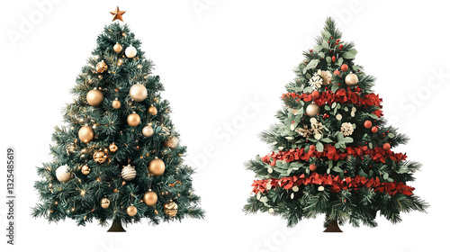 Png of Two beautifully decorated Christmas trees showcasing elegant and rustic styles on transparent background.