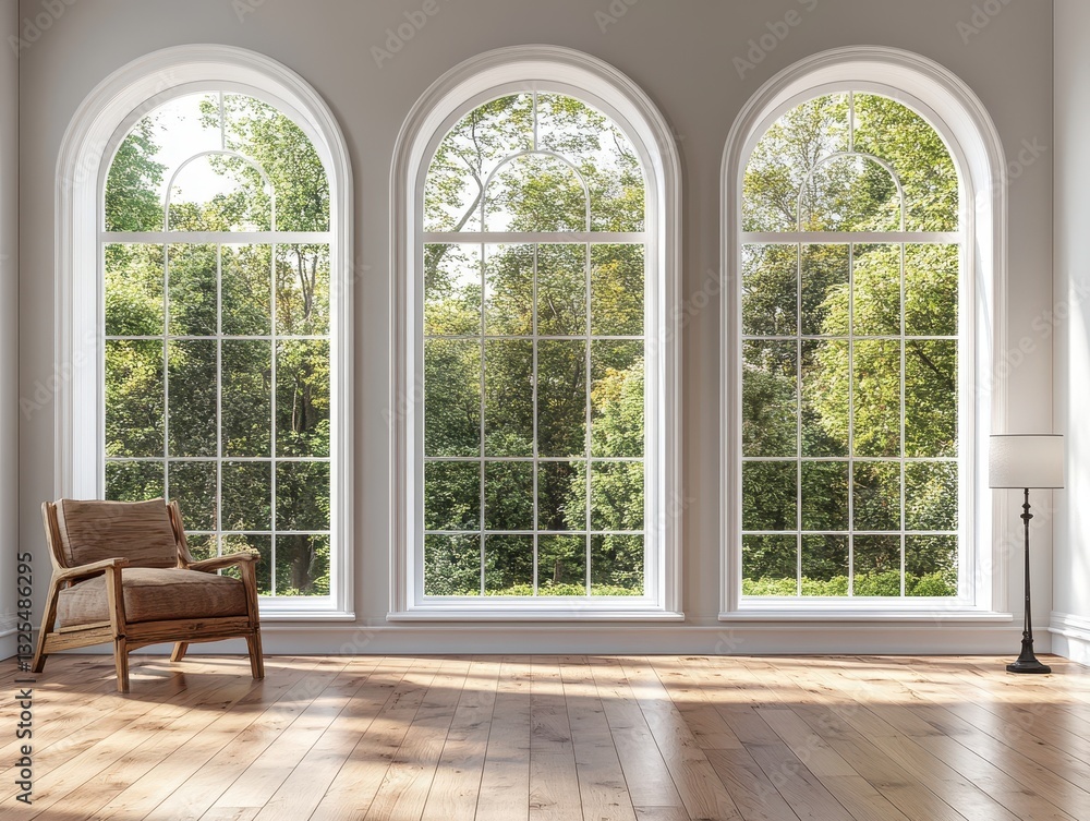 Fototapeta premium Modern interior design featuring large arched windows with natural light and green trees in background, cozy armchair, and warm wooden floor