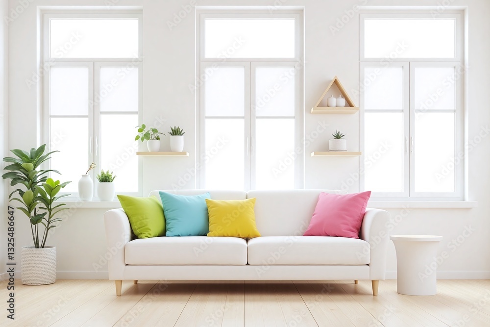 modern living room with white sofa side table shelves plants blinds modern living room with white sofa side table shelves plants blinds