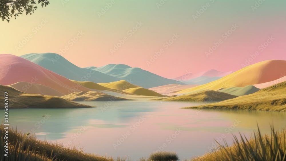 Fototapeta premium Vibrant Pastel Hills Reflecting on a Serene Lake