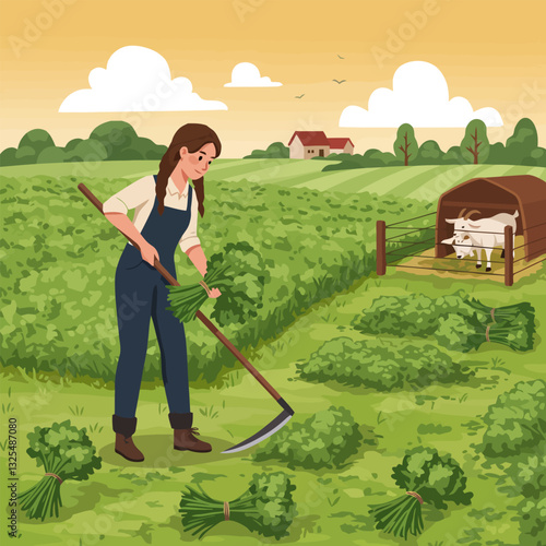 Woman Harvesting Crop in Field with Scythe Near Goat Shelter