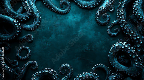 Blue Octopus Tentacles Frame Bordering Dark Background with Detailed Texture