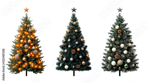 Png of Three beautifully decorated Christmas trees featuring unique ornaments and lighting on transparent background.