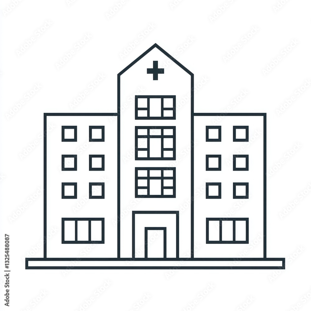 Obraz premium Simple hospital building outline, minimalist design on white.
