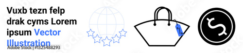 Globe surrounded by stars, sleek handbag with price tag, black coin with dollar symbol. Ideal for retail, shopping, finance, e-commerce, branding luxury marketing. Flat landing page banner