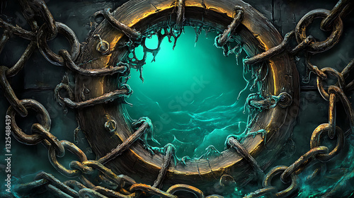 Broken Porthole Reveals Turbulent Ocean Waters Behind Worn Chains and Metal Frame