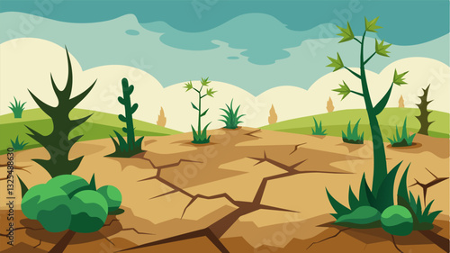 Weeds and t bushes have taken over the cracked and crumbling earth their tenacious growth a stark contrast to the barrenness of the once prosperous farmland.. Vector illustration