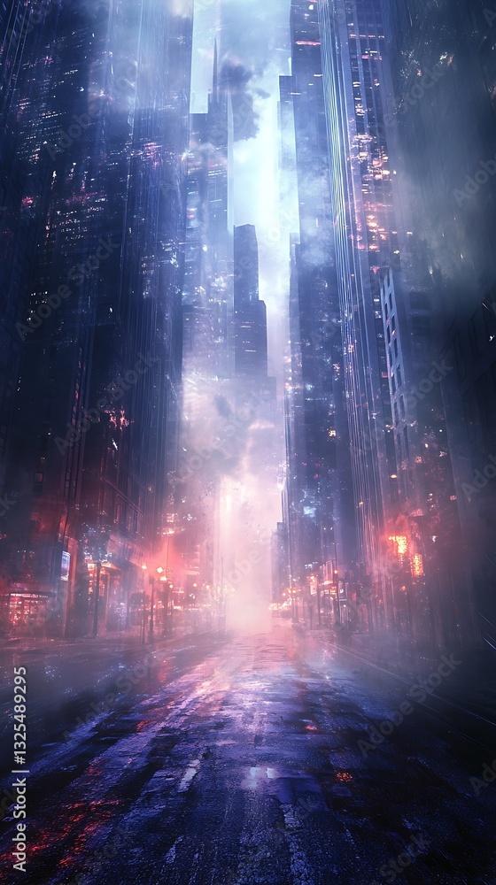 Fototapeta premium A misty urban landscape with towering buildings illuminated by ambient lights.