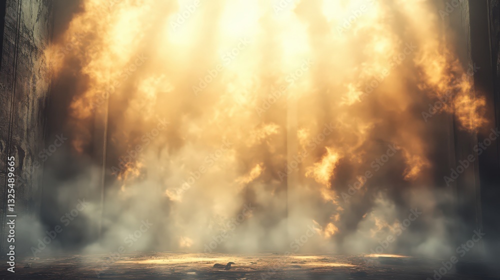 Fototapeta premium Ethereal illumination casts down on a smoky stage-like scene with texture