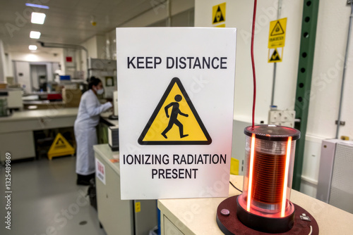 A warning sign about ionizing radiation, advising to keep distance, displayed in a laboratory with safety precautions and a researcher in the background.