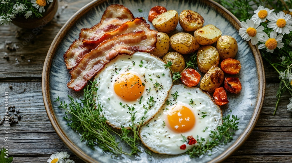 Delicious Breakfast Platter with Eggs Bacon and Potatoes Rustic Kitchen Food Photography Cozy Atmosphere Delicious Breakfast Platter with Eggs Bacon and Potatoes Rustic Kitchen Food Photography Cozy Atmosphere