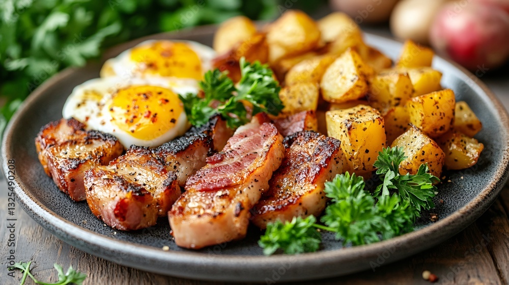 Savory Breakfast Feast Crispy Bacon Eggs and Potatoes Home Kitchen Food Photography Cozy Atmosphere Savory Breakfast Feast Crispy Bacon Eggs and Potatoes Home Kitchen Food Photography Cozy Atmosphere