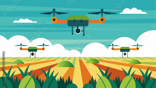 With the ability to fly at different altitudes crop inspection drones cover vast areas of farmland providing comprehensive data and analysis to improve yield and quality.. Vector illustration