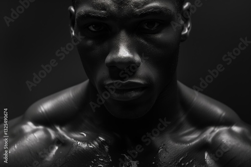 This is a dramatic black-and-white close-up portrait of a strong male athlete. His intense stare, sweat on his sculpted skin, and deep shadows emphasize his powerful physique.